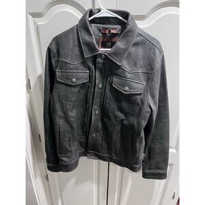Frye Men’s Black Leather Trucker Jacket Snap Front Distressed M Made in Mexico
